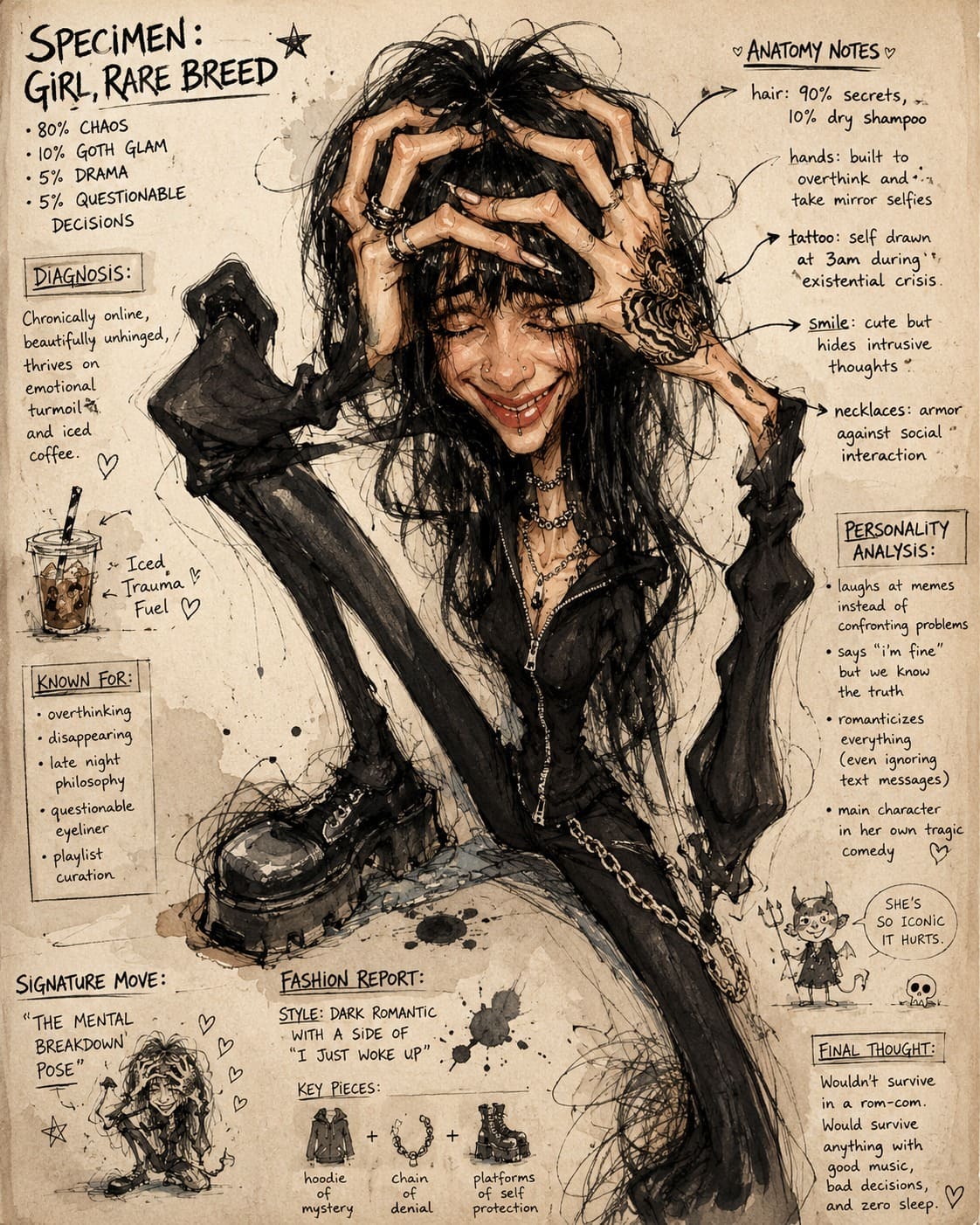 Ảnh gothic sketch AI với bố cục character sheet, chú thích viết tay và ink splashes